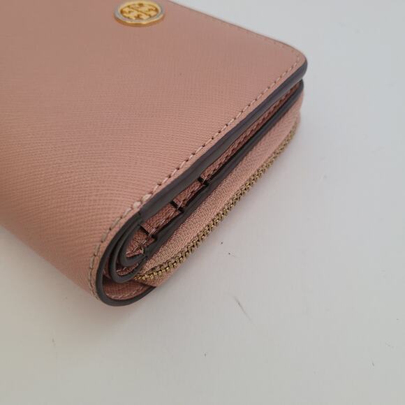 Tory Burch Pink Leather Zip Around Medium Credit Card Wallet Compact Logo - Picture 10 of 12